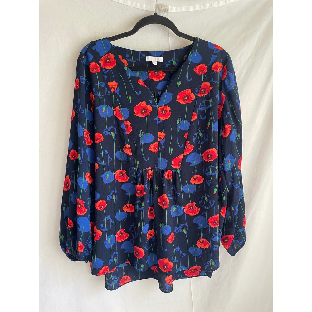 Marybelle Navy Blue Red Poppy Floral Blouse Long Sleeve V-Neck Peplum Top 2X